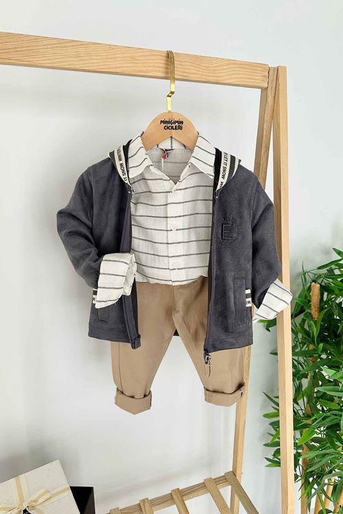 Miniğimin Cicileri Süet Ceketli Şerit Detaylı Kapüşonlu Erkek Çocuk 3 lü Takım - Gri