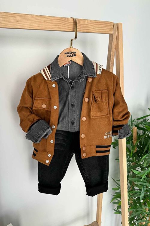 Miniğimin Cicileri Süet Ceketli Düğme Detaylı Cepli Erkek Çocuk 3 Lü Takım - Taba