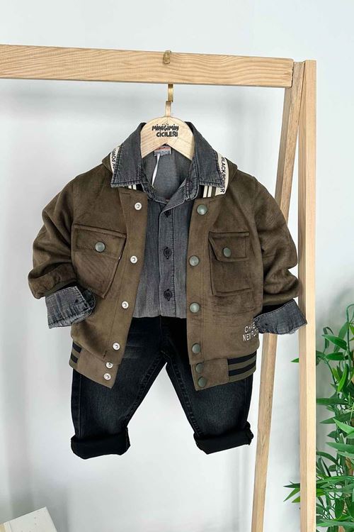 Miniğimin Cicileri Süet Ceketli Düğme Detaylı Cepli Erkek Çocuk 3 Lü Takım - Yeşil