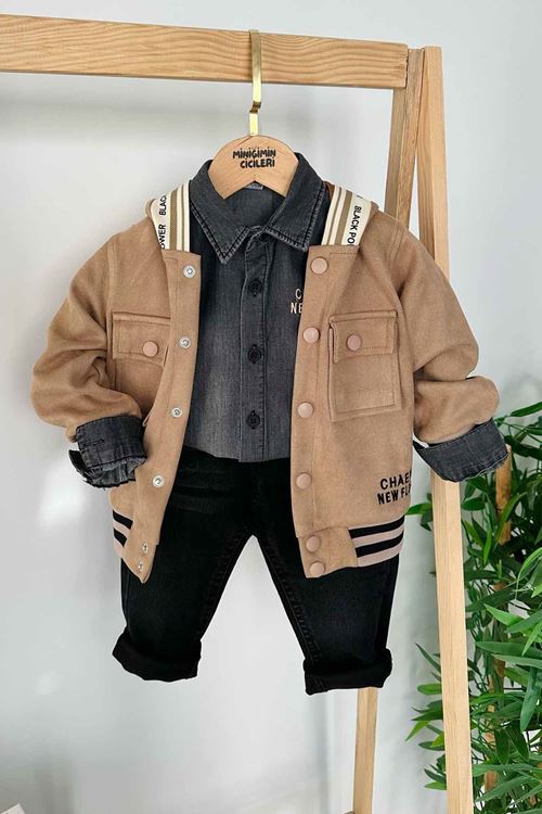 Miniğimin Cicileri Süet Ceketli Düğme Detaylı Cepli Erkek Çocuk 3 Lü Takım - Vizon