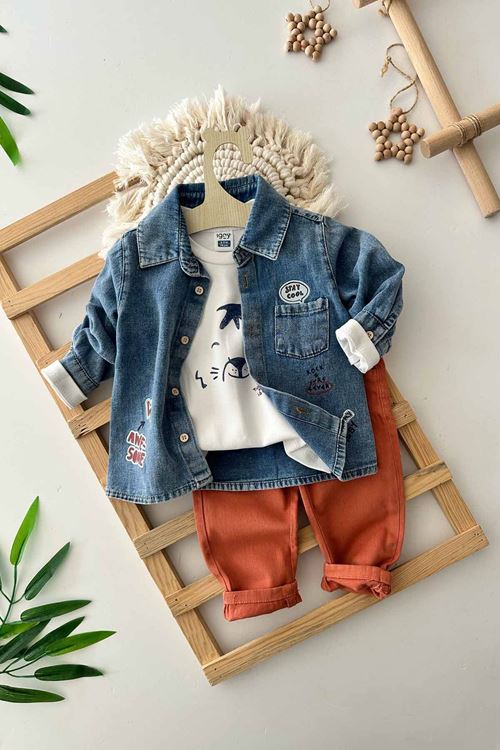 Miniğimin Cicileri Yumuşak Kot Gömlekli Erkek Bebe 3 lü Pamuklu Takım - Kiremit