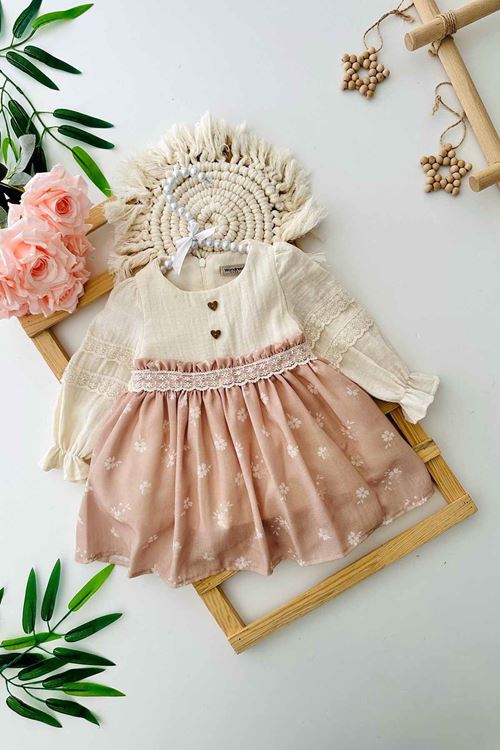 Miniğimin Cicileri Kalp Düğmeli Fisto Detaylı Kız Bebe Pamuklu Elbise - Bej