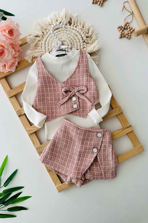 Miniğimin Cicileri Chanel Kumaş Düğme Detaylı Kız Bebe 3 lü Takım - Pudra