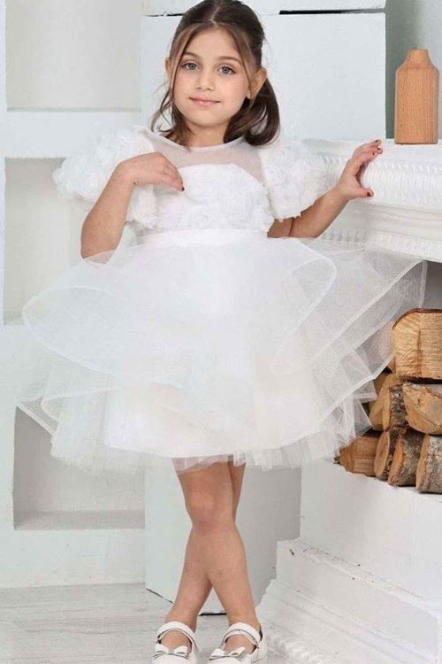 Miniğimin Cicileri Dokulu Kız Çocuk Tüllü Abiye - Beyaz