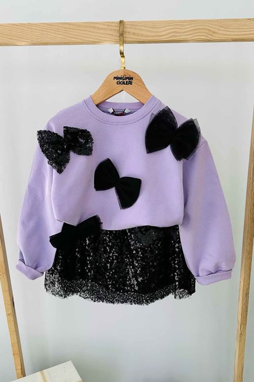 Miniğimin Cicileri Payet Etekli Fiyonk Desenli Kız Çocuk 2 li Takım -  Lila