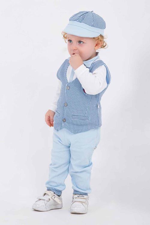Miniğimin Cicileri Çizgili Yelekli Erkek Bebe Kasketli Takım - Mavi