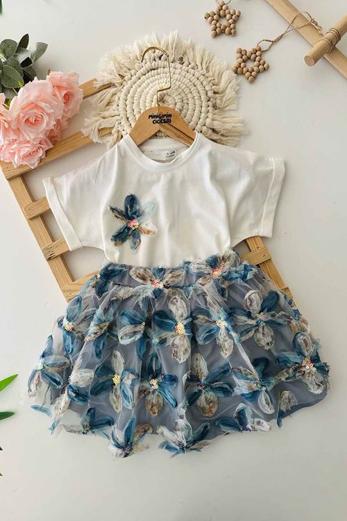 Miniğimin Cicileri Çiçek Dokulu Payet Detaylı Kız Çocuk 2 li Takım - Mavi