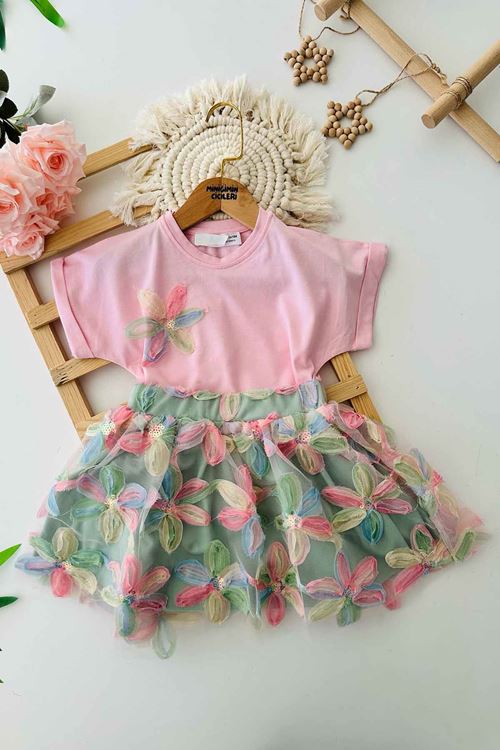Miniğimin Cicileri Çiçek Dokulu Payet Detaylı Kız Çocuk 2 li Takım - Pembe