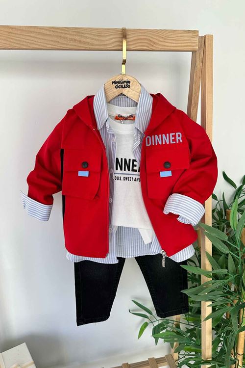 Miniğimin Cicileri 4 Parça Dinner Baskı Kapüşonlu Ceketli Çizgi Detaylı Kotlu Erkek Çocuk Takım - Kırmızı