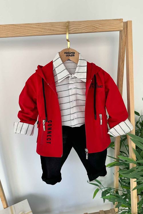 Miniğimin Cicileri 3 Parça Connect Baskı Kapüşonlu Ceketli Çizgi Detaylı Kotlu Erkek Çocuk Takım - Kırmızı