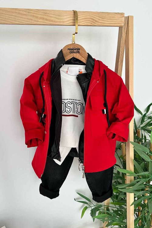 Miniğimin Cicileri 4 Parça Boston Deri Yelekli Kapüşonlu Ceketli Erkek Çocuk Takım - Kırmızı