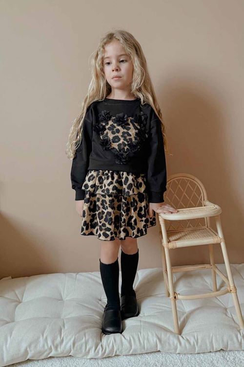 Miniğimin Cicileri Leopar Desenli 3D Çiçekli Sweatshirt ve Kat Kat Etek Kız Çocuk Takımı - Siyah