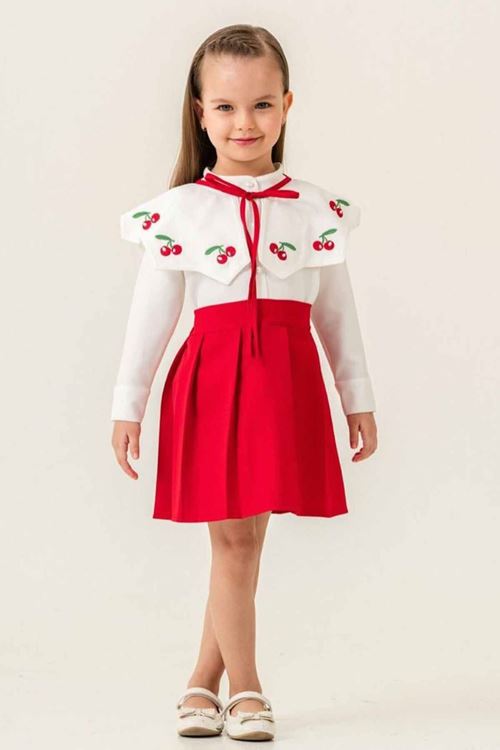 Miniğimin Cicileri Kiraz Desenli Geniş Yaka Kız Çocuk Etekli Takım - Kırmızı