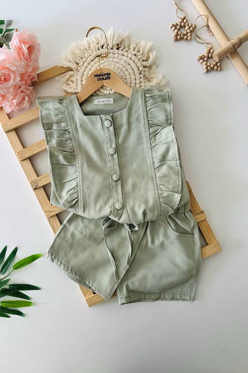Miniğimin Cicileri Fırfır Detaylı Şort Etekli Kız Çocuk 2 li Takım - Yeşil