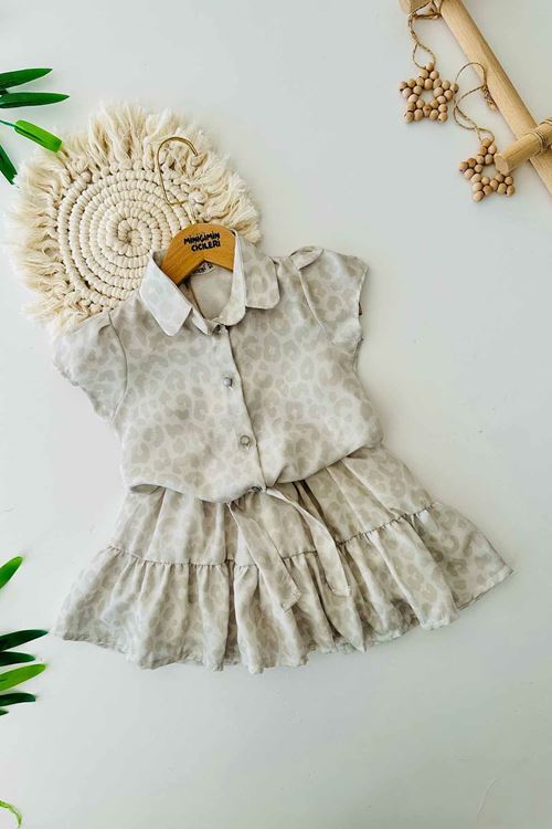 Miniğimin Cicileri Leopar Desenli Belden Bağlama Model Kız Çocuk 2 li Yazlık Takım - Yeşil