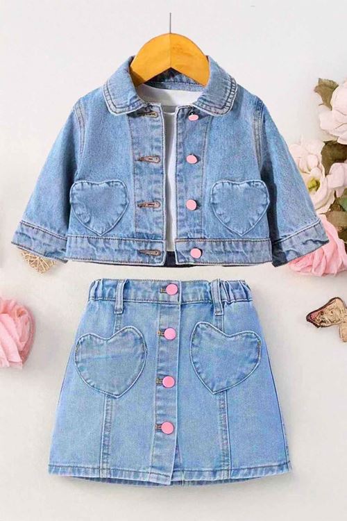 Miniğimin Cicileri Kalp Cep Detaylı Kot Ceketli Kız Çocuk 2 li Takım - Açık Mavi