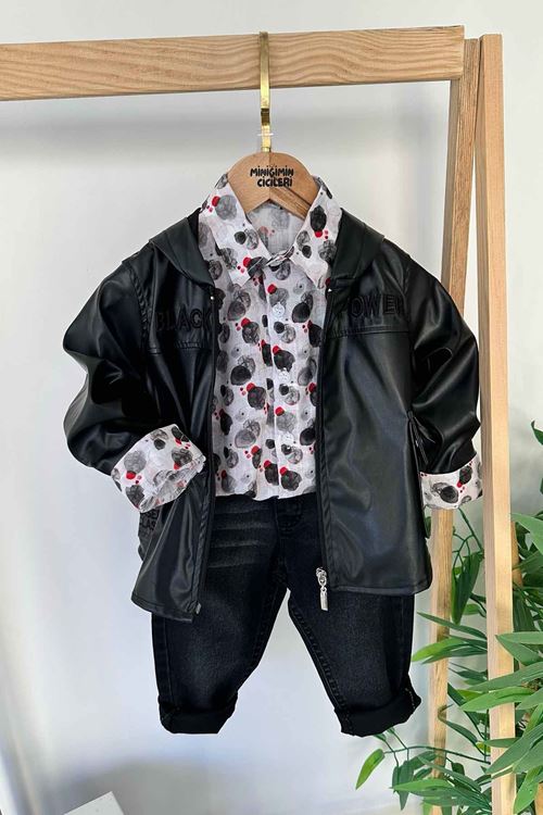Miniğimin Cicileri Suni deri Ceketli Karışık Desen Gömlekli Erkek Çocuk 3 lü Takım - Siyah