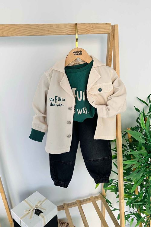 Miniğimin Cicileri Fun Baskılı Keten Ceketli Erkek Çocuk 3 lü Kot Pantolonlu Takım - Yeşil