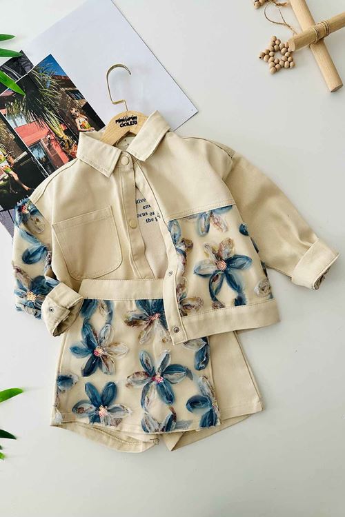 Miniğimin Cicileri Dokulu Kız Çocuk Payet Detaylı Kız Çocuk 3 lü Takım  Bej