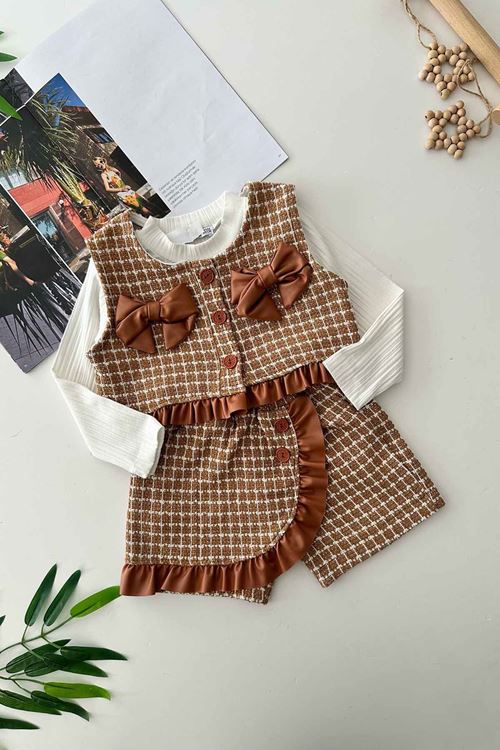 Miniğimin Cicileri Deri Fiyonk Detaylı Chanel Kumaş Şort Etekli 3 lü Takım - Kahverengi