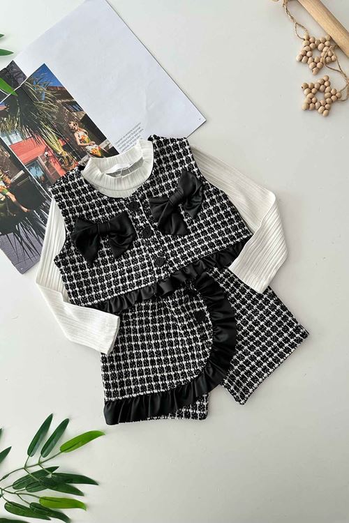 Miniğimin Cicileri Deri Fiyonk Detaylı Chanel Kumaş Şort Etekli 3 lü Takım - Siyah