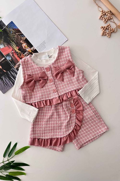 Miniğimin Cicileri Deri Fiyonk Detaylı Chanel Kumaş Şort Etekli 3 lü Takım - Pembe