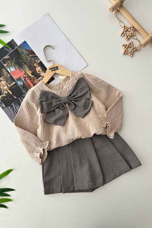 Miniğimin Cicileri Fiyonk Detaylı Müslin Pamuklu Kız Çocuk Etekli Takım - Siyah