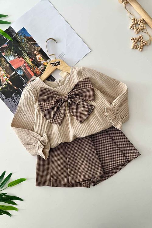 Miniğimin Cicileri Fiyonk Detaylı Müslin Pamuklu Kız Çocuk Etekli Takım - Kahve