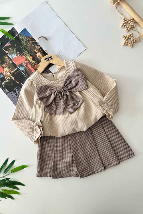 Miniğimin Cicileri Fiyonk Detaylı Müslin Pamuklu Kız Çocuk Etekli Takım - Mor