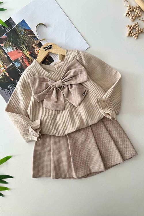 Miniğimin Cicileri Fiyonk Detaylı Müslin Pamuklu Kız Çocuk Etekli Takım - Pudra