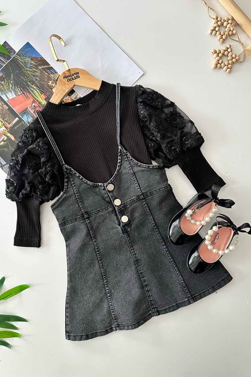 Miniğimin Cicileri Kot Jileli Kol Detaylı Kız Çocuk 2 li Takım - Siyah