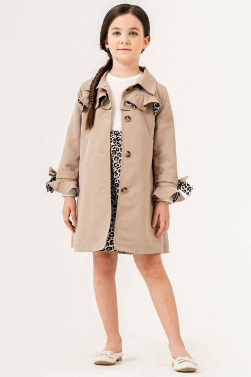 Miniğimin Cicileri Leopar Desenli Trençkotlu Kız Çocuk Elbiseli Takım - Bej