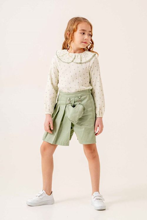 Miniğimin Cicileri Kalp Çanta Detaylı Müslin Gömlekli Kız Çocuk 2 li Takım - Yeşil