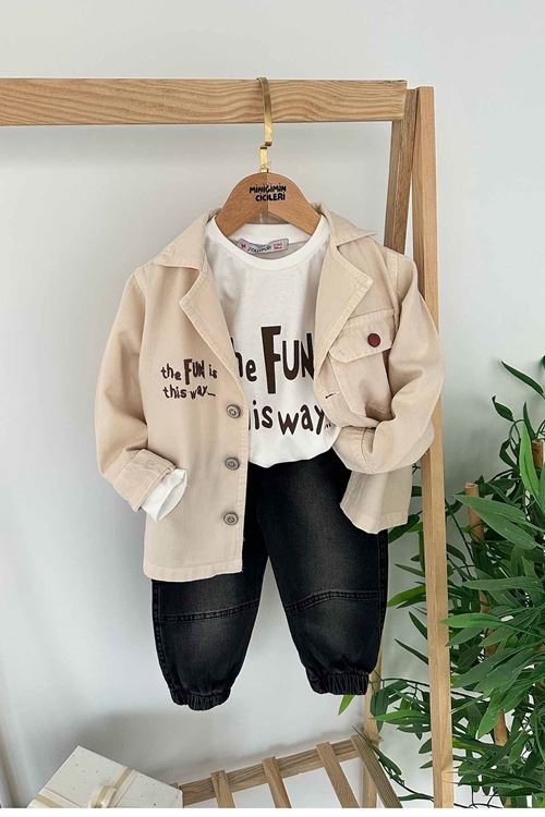 Miniğimin Cicileri Fun Baskılı Keten Ceketli Erkek Çocuk 3 lü Kot Pantolonlu Takım - Kahve