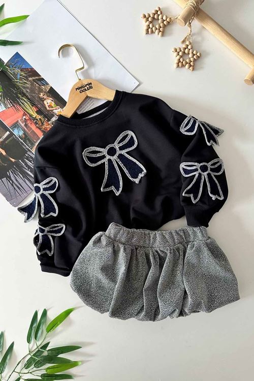 Miniğimin Cicileri Simli Fiyonk İşlemeli Balon Mini Etekli Kız Çocuk Etekli Takım - Lacivert