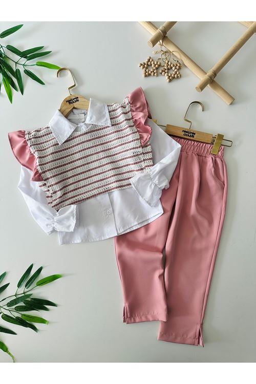 Miniğimin Cicileri Çizgili Desenli Gömlekli Kız Çocuk 3 lü Takım - Pembe