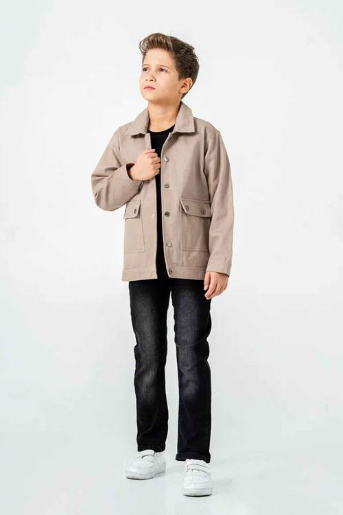 Miniğimin Cicileri (9-12 Yaş) Düğmeli Cepli Keten Gömlekli Erkek Çocuk 3 lü takım - Vizon