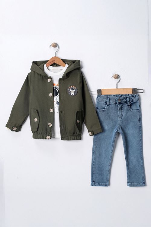 Miniğimin Cicileri Astronot Armalı Düğmeli Keten Trençkotlu Erkek  Çocuk 3 lü Takım - Haki