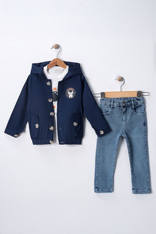 Miniğimin Cicileri Astronot Armalı Düğmeli Keten Trençkotlu Erkek  Çocuk 3 lü Takım - Lacivert