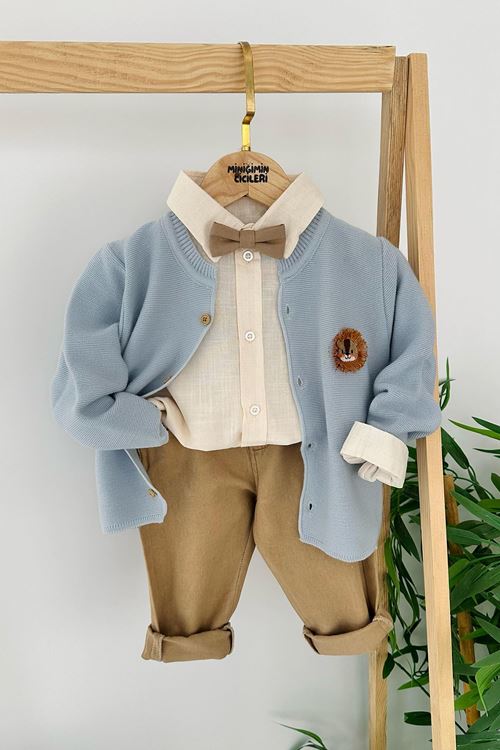 Miniğimin Cicileri Aslan Armalı Triko Hırkalı Erkek Çocuk 3 lü Takım - Mavi