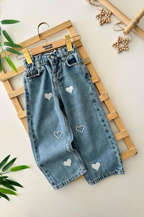 Miniğimin Cicileri Büyük Kalp Desenli Kız Çocuk Lastikli Kot Pantolon - Açık Mavi