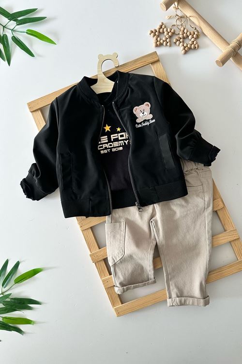 Miniğimin Cicileri Bear Desenli Ceketli Erkek Çocuk 3 lü Takım - Siyah