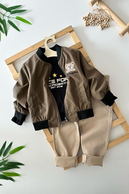 Miniğimin Cicileri Bear Desenli Ceketli Erkek Çocuk 3 lü Takım - Koyu Kahve