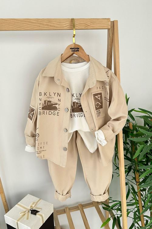 Miniğimin cicileri Brklyn Baskılı Gabardin 3 lü Erkek Çocuk Takım - Kahve