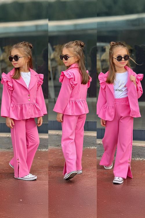 Miniğimin Cicileri Volanlı Ceketli Kız Çocuk 3 lü Takım - Pembe