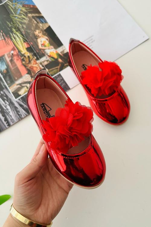 Miniğimin Cicileri Çiçek Tül Detaylı Lastikli Kız Çocuk Ortopedik Babet - Kırmızı