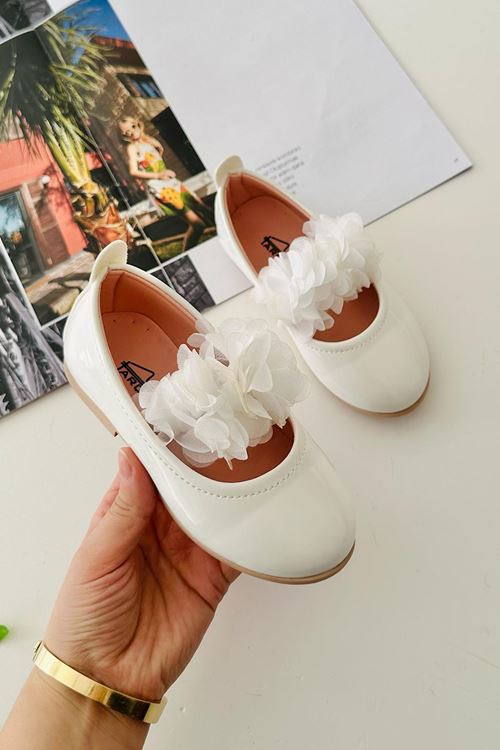 Miniğimin Cicileri Çiçek Tül Detaylı Lastikli Kız Çocuk Ortopedik Babet - Beyaz