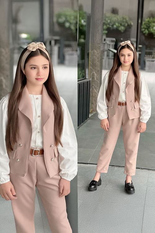 Miniğimin Cicileri Yelekli 5 li Kız Çocuk Kombin - Pudra