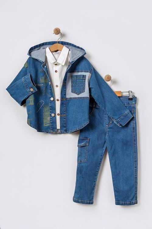 Miniğimin Cicileri Kapüşonlu Kot Ceket, Gömlek ve Kargo Pantolon Erkek Çocuk Takımı - Yeşil