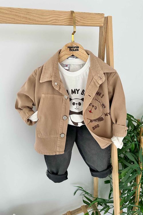 Miniğimin Cicileri Panda Baskılı Gabardin Erkek Çocuk 3 lü Takım - Vizon